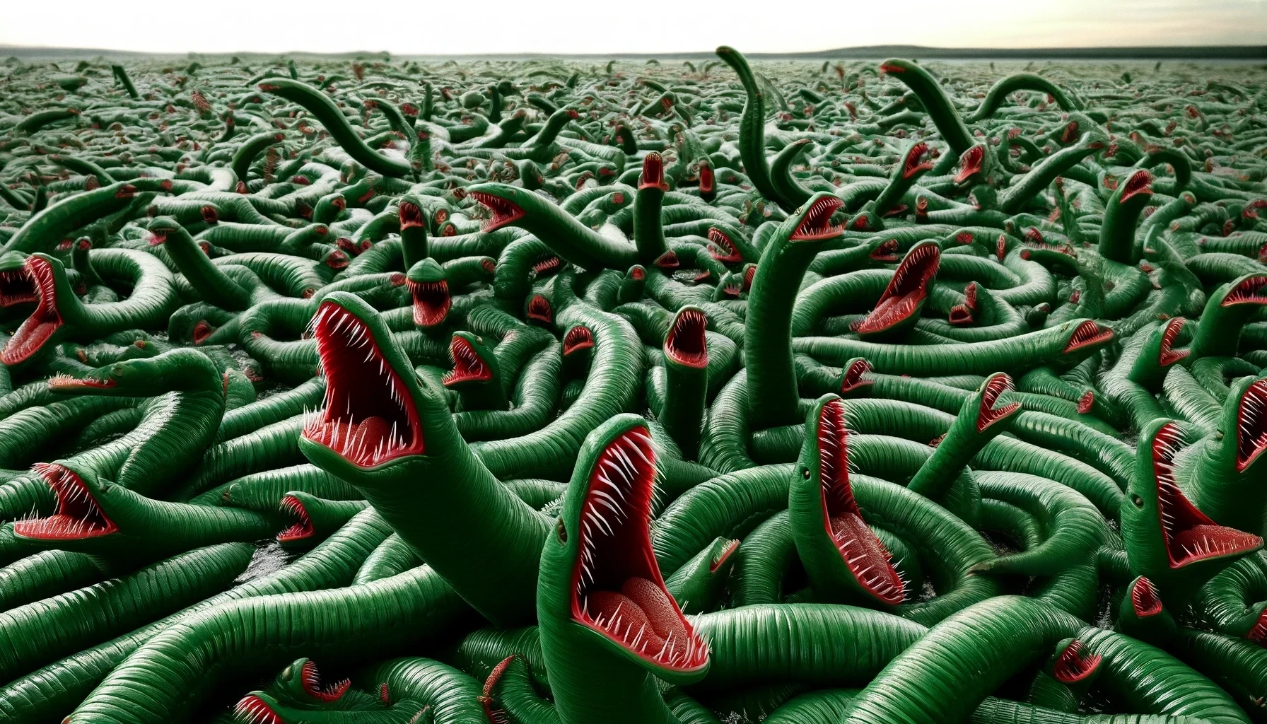 a vast ocean filled with giant green leeches with jagged teeth. landmasses made of even more leeches are visible in the distance